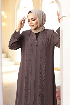 Boncuk İşlemeli Açık Kahverengi Tesettür Ferace 29122AKH