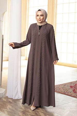 Boncuk İşlemeli Açık Kahverengi Tesettür Ferace 29122AKH