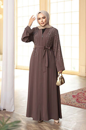 Boncuk İşlemeli Açık Kahverengi Tesettür Abaya 29111AKH