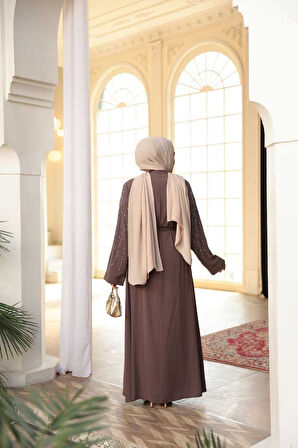 Boncuk İşlemeli Açık Kahverengi Tesettür Abaya 29111AKH