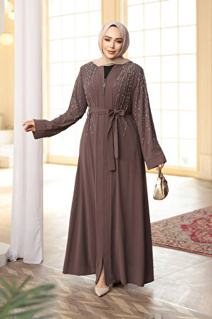 Boncuk İşlemeli Açık Kahverengi Tesettür Abaya 29111AKH