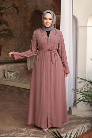 Boncuk İşlemeli Açık Gül Kurusu Tesettür Abaya 29111AGK