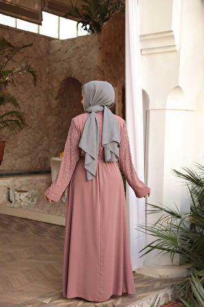 Boncuk İşlemeli Açık Gül Kurusu Tesettür Abaya 29111AGK