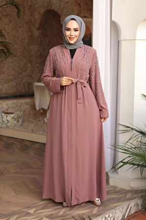 Boncuk İşlemeli Açık Gül Kurusu Tesettür Abaya 29111AGK