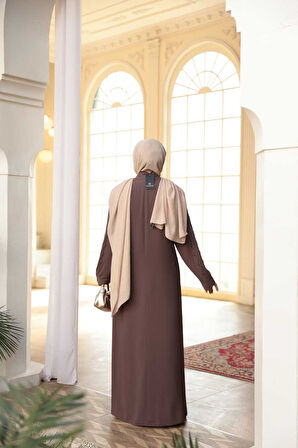 Boncuk İşlemeli Açık Kahverengi Tesettür Abaya 29113AKH