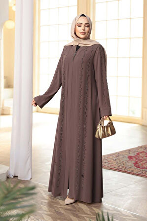 Boncuk İşlemeli Açık Kahverengi Tesettür Abaya 29113AKH