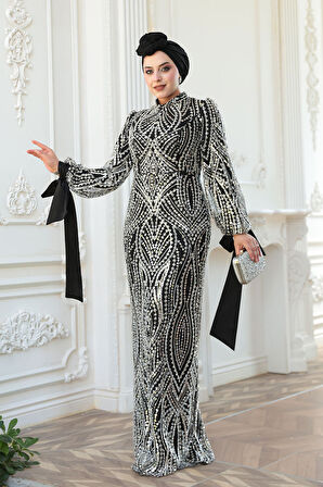 Boncuk İşlemeli Siyah Tesettür Abiye Elbise 52554S