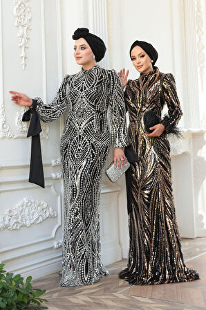 Boncuk İşlemeli Siyah Tesettür Abiye Elbise 52554S