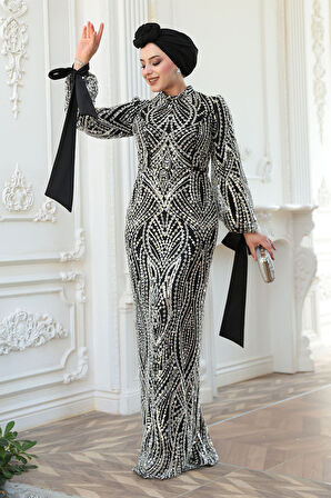 Boncuk İşlemeli Siyah Tesettür Abiye Elbise 52554S