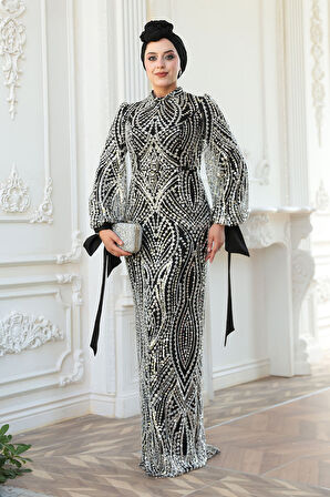 Boncuk İşlemeli Siyah Tesettür Abiye Elbise 52554S