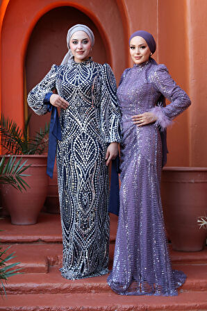 Boncuk İşlemeli Lacivert Tesettür Abiye Elbise 52554L