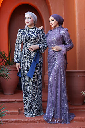 Boncuk İşlemeli Lacivert Tesettür Abiye Elbise 52554L