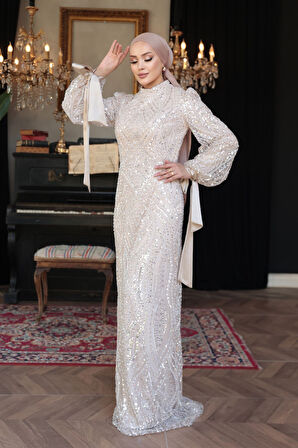 Boncuk İşlemeli Bej Tesettür Abiye Elbise 52554BEJ