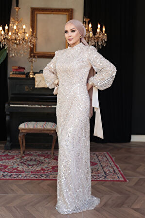 Boncuk İşlemeli Bej Tesettür Abiye Elbise 52554BEJ