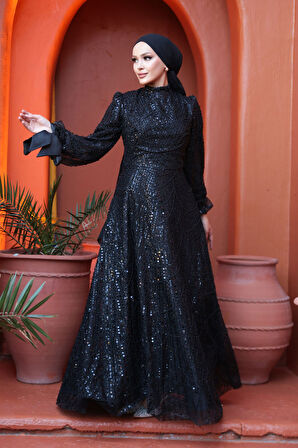 Boncuk İşlemeli Siyah Tesettür Abiye Elbise 53171S