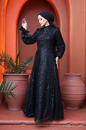 Boncuk İşlemeli Siyah Tesettür Abiye Elbise 53171S