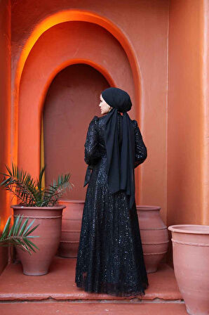 Boncuk İşlemeli Siyah Tesettür Abiye Elbise 53171S