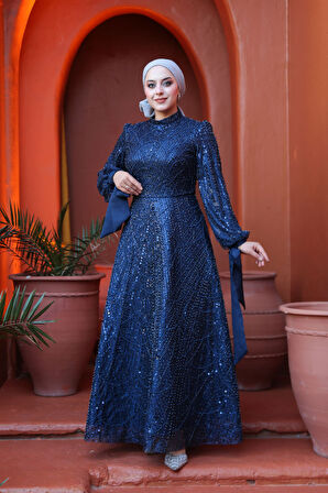 Boncuk İşlemeli Lacivert Tesettür Abiye Elbise 53171L