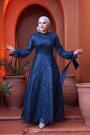 Boncuk İşlemeli Lacivert Tesettür Abiye Elbise 53171L