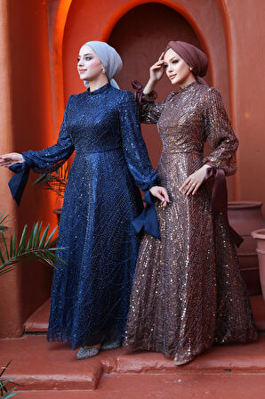 Boncuk İşlemeli Lacivert Tesettür Abiye Elbise 53171L