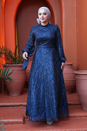 Boncuk İşlemeli Lacivert Tesettür Abiye Elbise 53171L