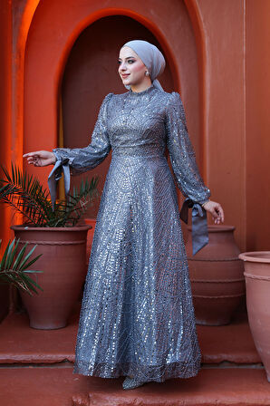 - Boncuk İşlemeli Gri Tesettür Abiye Elbise 53171GR