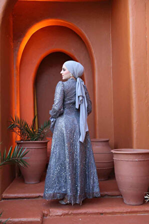 - Boncuk İşlemeli Gri Tesettür Abiye Elbise 53171GR