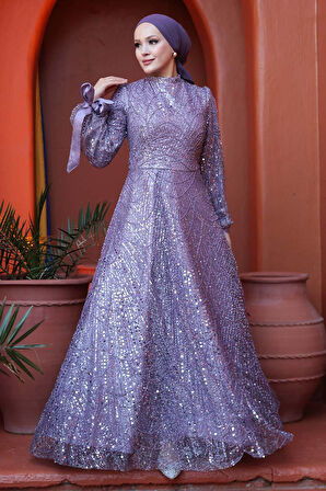 Boncuk İşlemeli Lila Tesettür Abiye Elbise 53171LILA