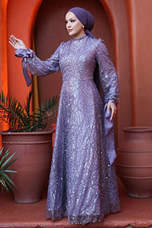 Boncuk İşlemeli Lila Tesettür Abiye Elbise 53171LILA