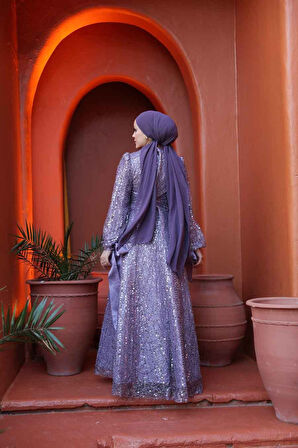 Boncuk İşlemeli Lila Tesettür Abiye Elbise 53171LILA