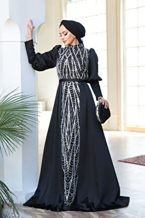 - Boncuk İşlemeli Kuyruklu Siyah Tesettür Abiye Elbise 50901S