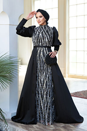 - Boncuk İşlemeli Kuyruklu Siyah Tesettür Abiye Elbise 50901S