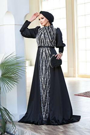 - Boncuk İşlemeli Kuyruklu Siyah Tesettür Abiye Elbise 50901S