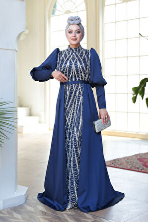 Boncuk İşlemeli Kuyruklu Lacivert Tesettür Abiye Elbise 50901L