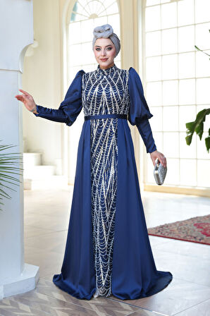 Boncuk İşlemeli Kuyruklu Lacivert Tesettür Abiye Elbise 50901L