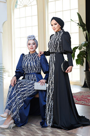Boncuk İşlemeli Kuyruklu Lacivert Tesettür Abiye Elbise 50901L