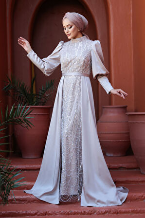 - Boncuk İşlemeli Kuyruklu Bej Tesettür Abiye Elbise 50901BEJ