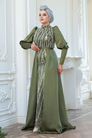 - Boncuk İşlemeli Kuyruklu Haki Tesettür Abiye Elbise 50901HK