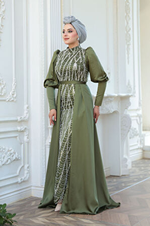 - Boncuk İşlemeli Kuyruklu Haki Tesettür Abiye Elbise 50901HK