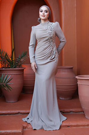 Boncuk İşlemeli Vizon Tesettür Abiye Elbise 4964V