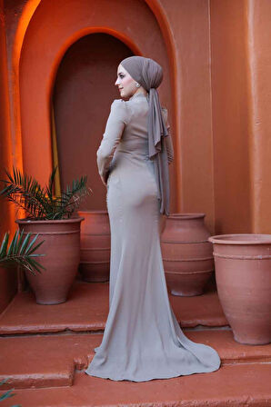 Boncuk İşlemeli Vizon Tesettür Abiye Elbise 4964V