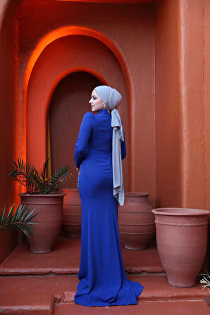 -Boncuk İşlemeli Sax Mavisi Tesettür Abiye Elbise 4964SX