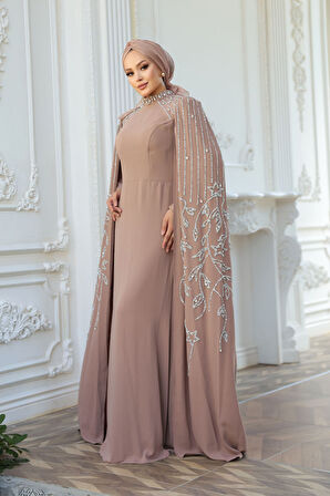 - Pelerin Detaylı Vizon Tesettür Abiye Elbise 52601V