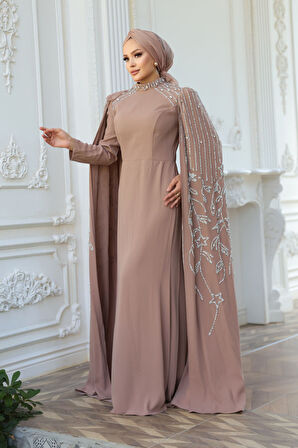 - Pelerin Detaylı Vizon Tesettür Abiye Elbise 52601V