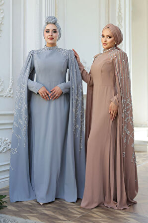 - Pelerin Detaylı Vizon Tesettür Abiye Elbise 52601V