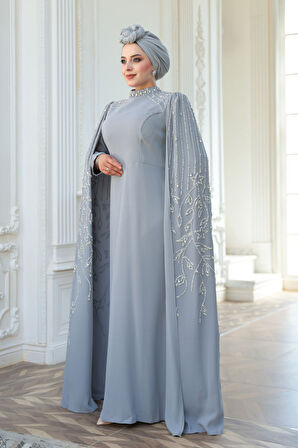 - Pelerin Detaylı Gri Tesettür Abiye Elbise 52601GR