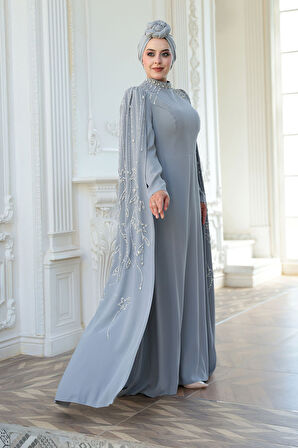 - Pelerin Detaylı Gri Tesettür Abiye Elbise 52601GR