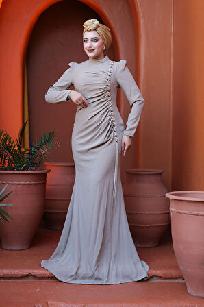 Boncuk Detaylı Vizon Tesettür Abiye Elbise 49651V