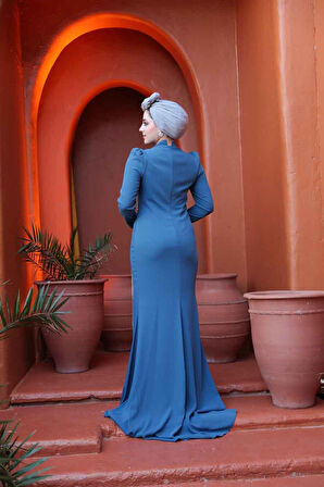 - Boncuk Detaylı İndigo Mavisi Tesettür Abiye Elbise 49651IM