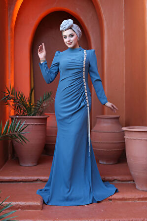 - Boncuk Detaylı İndigo Mavisi Tesettür Abiye Elbise 49651IM